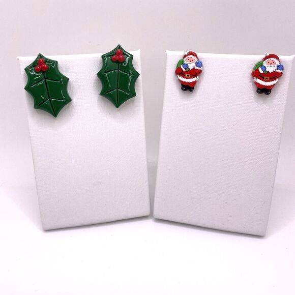 Christmas Earrings Studs Set of 2 Holly & Santa Red Green Cute Festive Jewelry - Picture 1 of 5